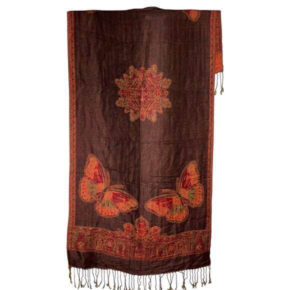 Pashmina Oversize Scarf Brown Red Orange Butterfly Floral Fringe - Picture 1 of 7